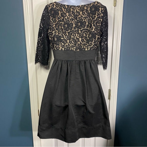 Eliza J Dress Black 8 Cocktail Lace Faille Fit & Flare V-Neck Missy Knee Length - Picture 2 of 12
